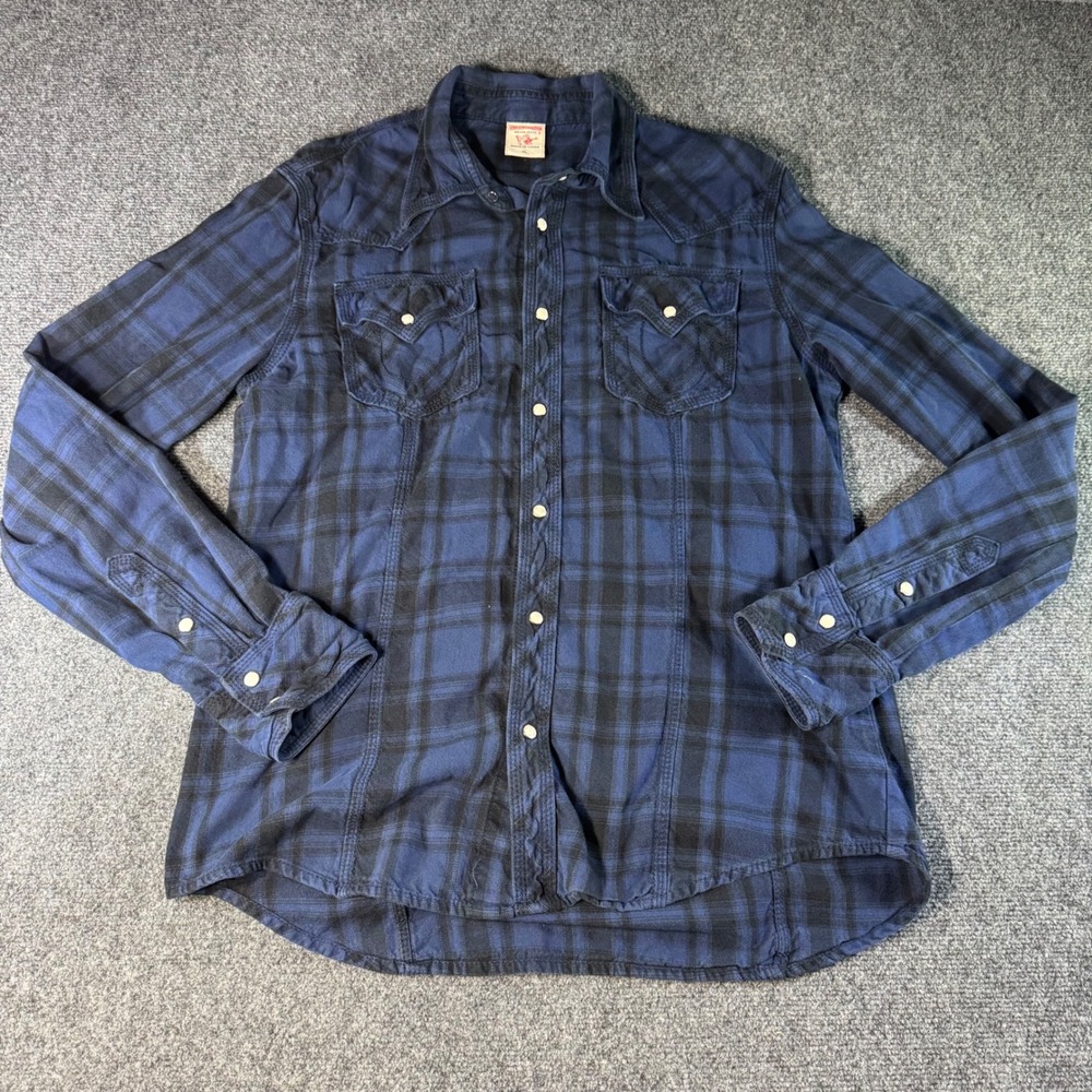 True Religion Mens Navy Black Plaid Western Snap Flannel Shirt XL MP4BL68VYFL